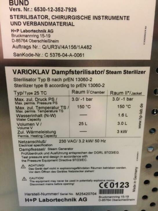 Stoom sterilisator Hille H+P 25TC B-autoclaaf vacuclaaf